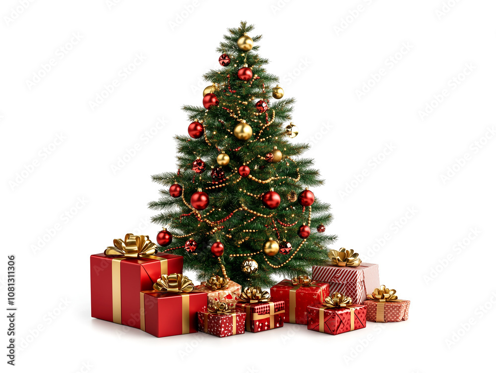 Christmas tree with gifts isolated on white, generated ai Christmas tree with gifts isolated on white, generated ai