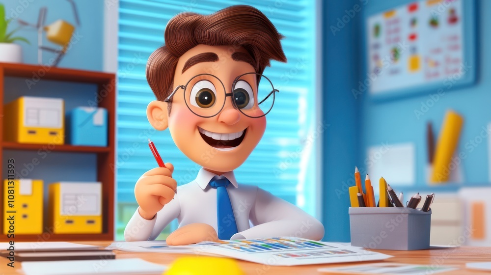 Happy cartoon character working at a desk with documents. Happy cartoon character working at a desk with documents.