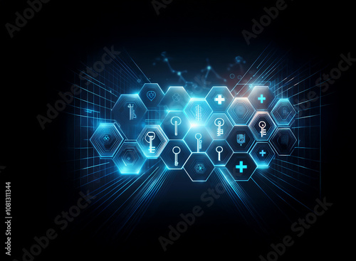 Wallpaper Mural A blue glowing honeycomb network of hexagonal shapes with various security symbols. Torontodigital.ca