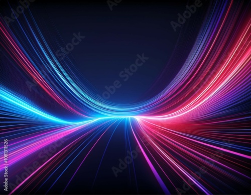 high speed effect motion blur night lights blue and red futuristic neon light line trails bright sparkling background purple glowing wave swirl impulse cable lines long time exposure 