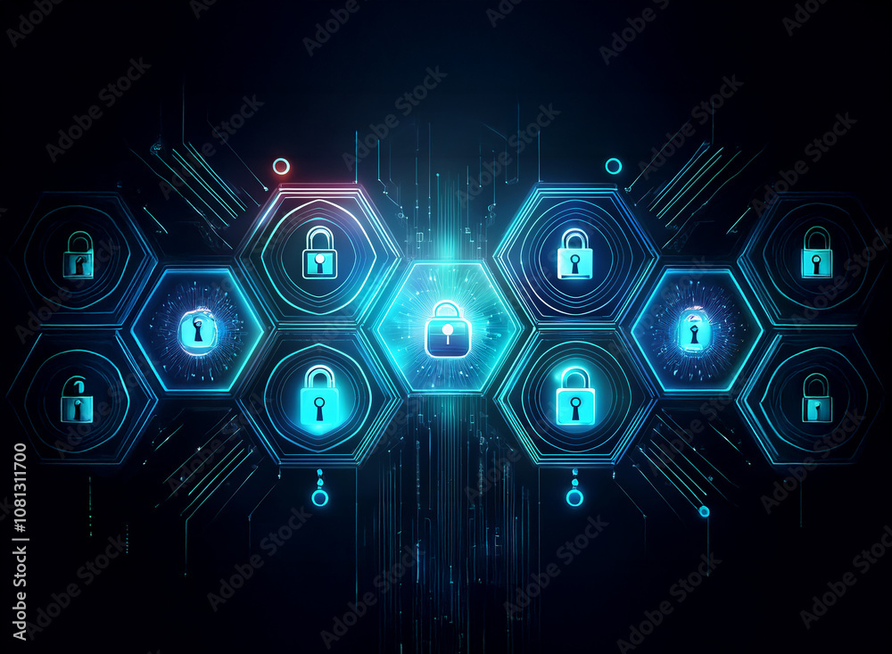 Abstract digital art depicting a network of glowing blue hexagons with lock symbols inside, representing online security. Abstract digital art depicting a network of glowing blue hexagons with lock symbols inside, representing online security.