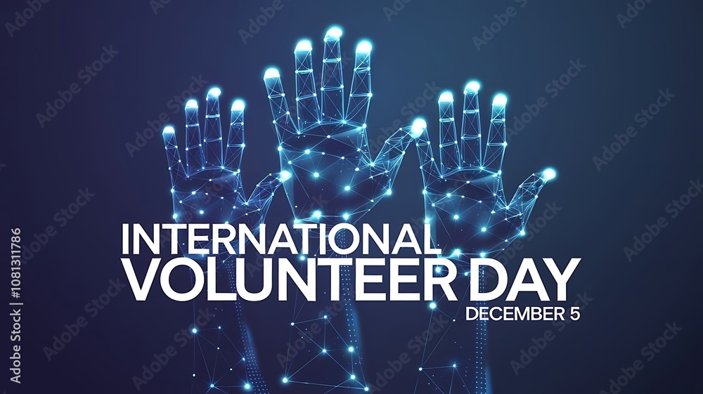Fototapeta premium Futuristic International Volunteer Day Poster Featuring Three Stylized Pixelated Hands in Glowing Blue with Interconnected Lines on Gradient Background