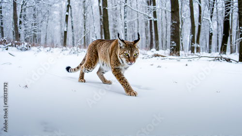 A lynx prowls through a snowy forest, its tufted ears alert to every sound. The snow-covered ground and trees create a serene, wintry scene. photo