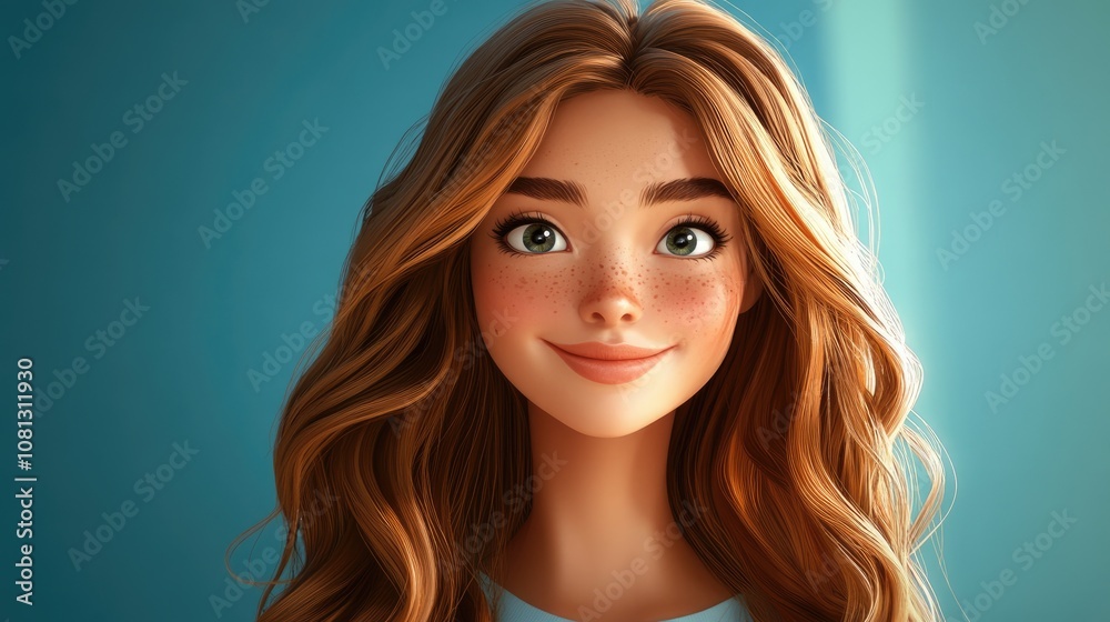 Naklejka premium Portrait of a beautiful young woman with long wavy hair smiling warmly perfect for personal branding or social media profiles