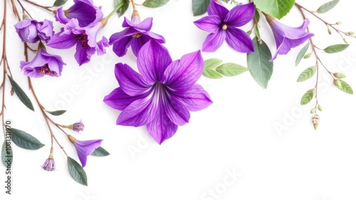 Purple flower petals and leaves scattered on a white background, decorative, vivid, delicate