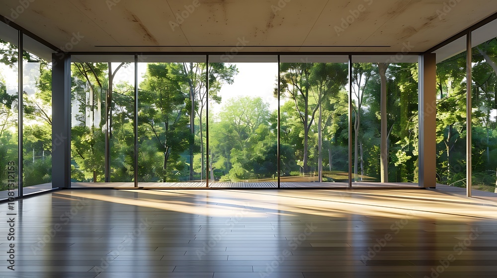A spacious room with large glass windows showcasing a lush green landscape outside. A spacious room with large glass windows showcasing a lush green landscape outside.