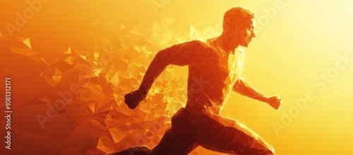 A low polygon silhouette of a man running towards the light with an abstract orange background.