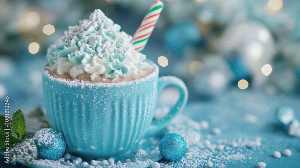 Festive Hot Cocoa with Whipped Cream and Candy Cane in a Winter Wonderland Setting Festive Hot Cocoa with Whipped Cream and Candy Cane in a Winter Wonderland Setting