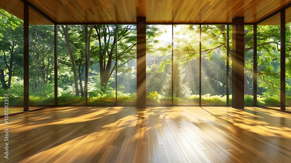 A serene interior space with large windows showcasing a lush green landscape and sunlight streaming in. A serene interior space with large windows showcasing a lush green landscape and sunlight streaming in.