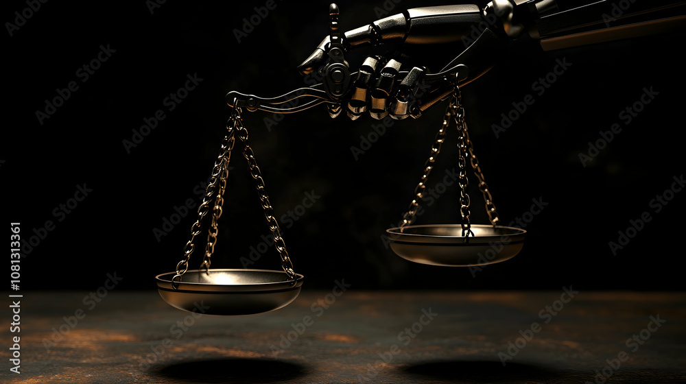 Robotic hand balancing scales of justice on a dark background, symbolizing AI in law and technology concepts Robotic hand balancing scales of justice on a dark background, symbolizing AI in law and technology concepts