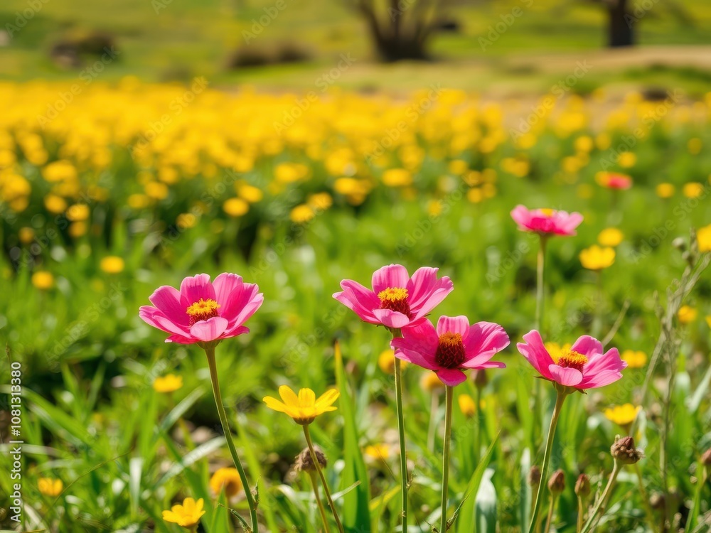 Vibrant yellow daffodil flowers blooming in a vast field on a sunny day, growth, fresh Vibrant yellow daffodil flowers blooming in a vast field on a sunny day, growth, fresh