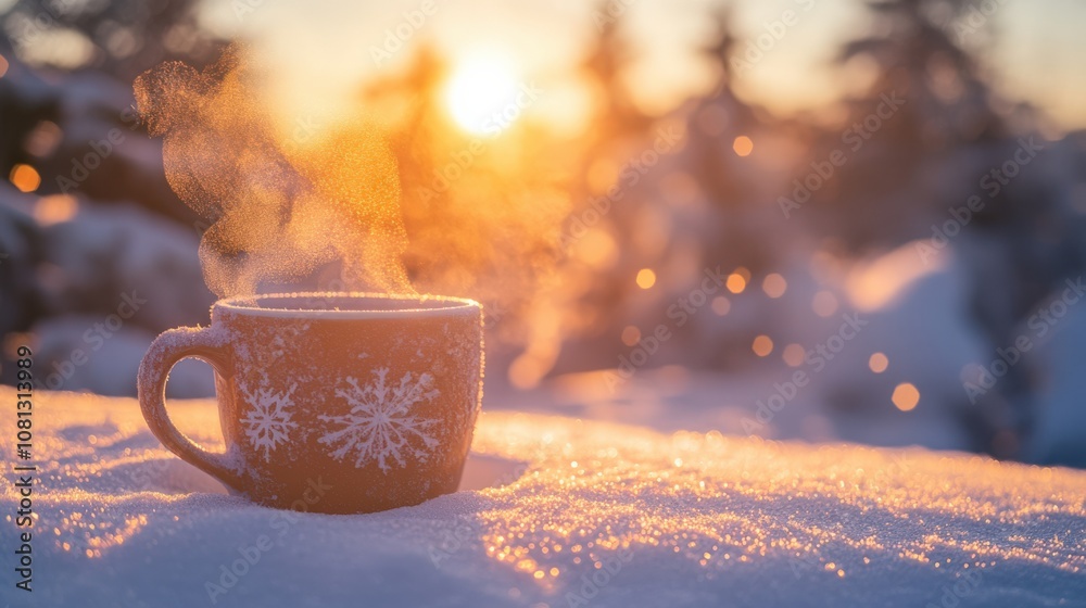 Obraz premium Warm Coffee in a Winter Wonderland at Sunrise