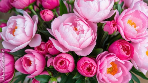 Fototapeta Naklejka Na Ścianę i Meble -  A beautiful arrangement of fresh pink peonies and roses with empty space for text, bloom, bouquet, flowers