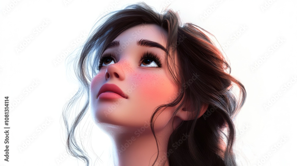 Portrait of an attractive young brunette woman gazing upwards deep in thought and dreaming against a clean white background