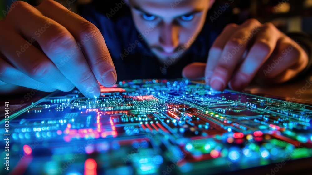 Person examining a glowing circuit board closely.