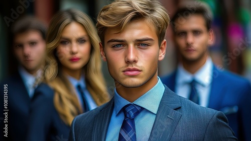 A group of four young adults, dressed in sharp suits, convey confidence as they pose against a blurred urban background in the late afternoon sun