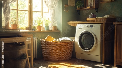 Cozy laundry room with a washing machine and basket.