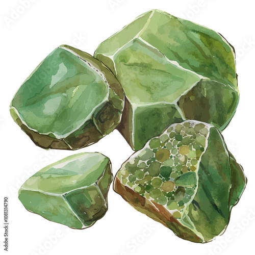 A watercolor vector of a set of chrysoprase stones, isolated on a white background. Chrysoprase stones vector.