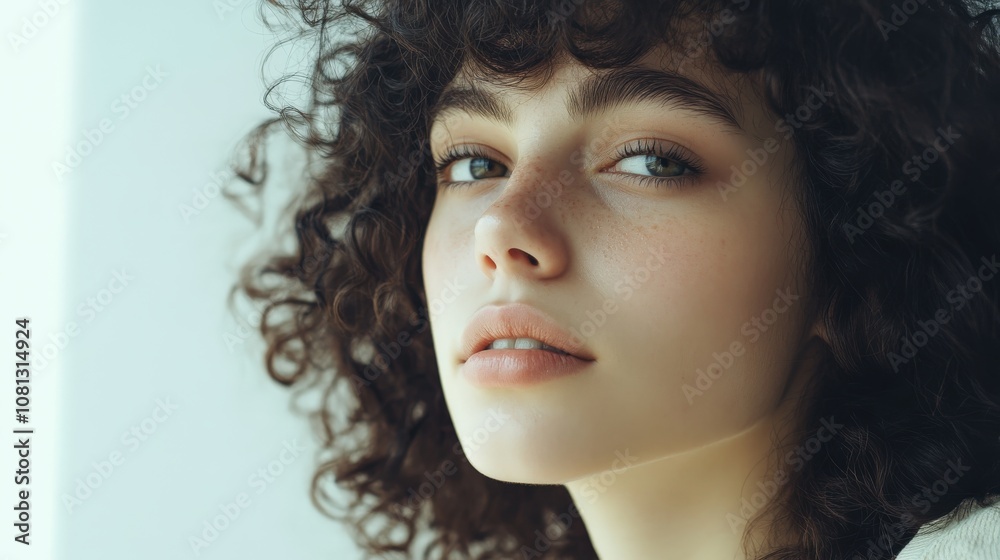 Close-up Portrait of a Woman with Curly Brown Hair and Freckles Close-up Portrait of a Woman with Curly Brown Hair and Freckles