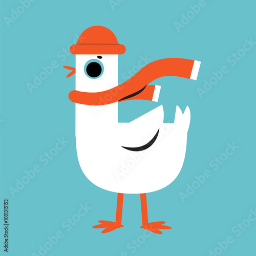 Funny cartoon goose in scarf and hat. vector seagull character in flat style