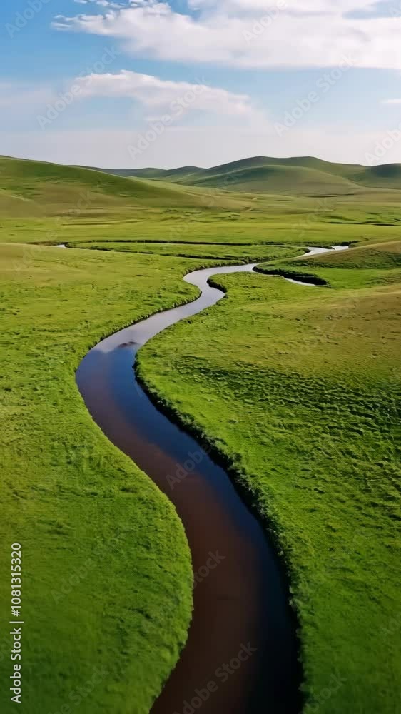 A winding river flows through a green valley on a sunny day A winding river flows through a green valley on a sunny day
