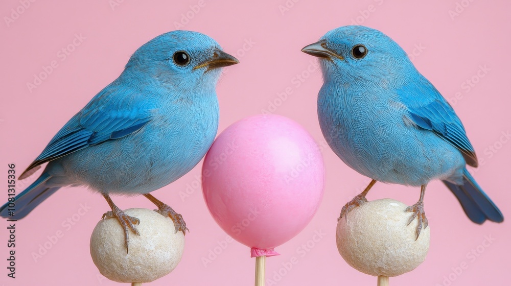 Two striking blue birds are perched on white spheres, each standing beside a pink egg. The soft pink background enhances the vivid colors, creating a cheerful springtime atmosphere Two striking blue birds are perched on white spheres, each standing beside a pink egg. The soft pink background enhances the vivid colors, creating a cheerful springtime atmosphere