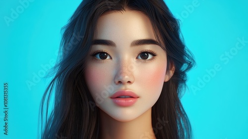 Close up portrait of a beautiful long haired Asian woman with natural makeup and radiant skin ideal for beauty and skincare campaigns