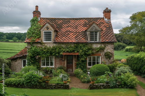 A quaint cottage stands amidst lush greenery with colorful flowers and shrubs, showcasing nature beauty on a cloudy day. The landscaping adds charm and character to this idyllic countryside setting