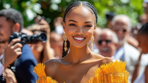 A woman radiates joy and confidence in a bright yellow dress with intricate details, captured at a lively summer event filled with admirers and cameras, showcasing her radiant smile