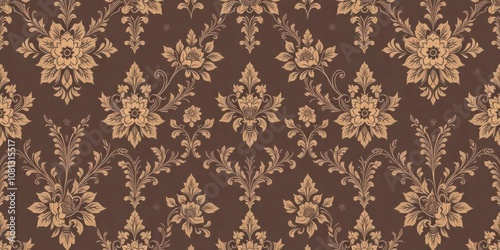 Elegant vintage damask wallpaper design with intricate floral patterns in muted tones, ornate, vintage wallpaper