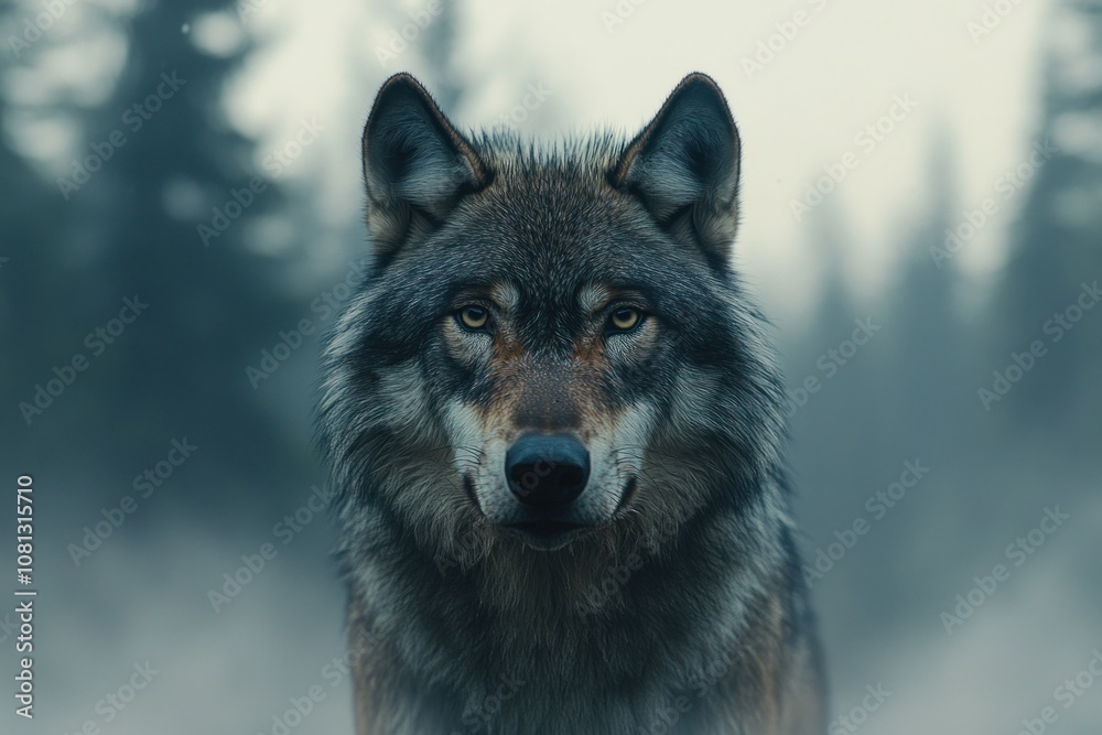 A wolf stares intently at the camera with a forest background. A wolf stares intently at the camera with a forest background.