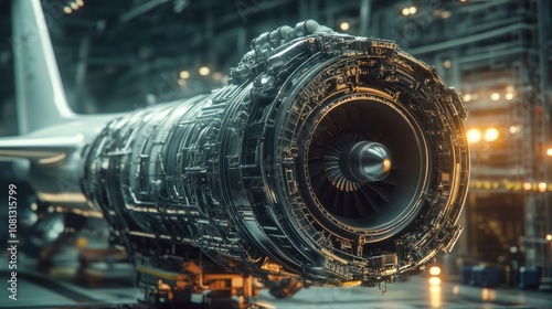 Close-up of a modern aircraft engine in a workshop.