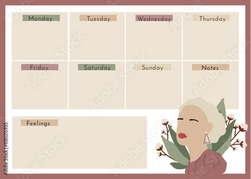 Female weekly planner template. Timetable grid with illustration of woman. Girls week calendar schedule vector design
