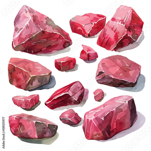 A watercolor drawing of a set of cinnabar stones, isolated on a white background. Cinnabar stones vector.