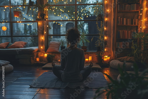 A person sits cross-legged on a mat, meditating in a warmly lit room filled with plants and soft cushions. The atmosphere is peaceful, enhanced by glowing candles and twinkling lights photo