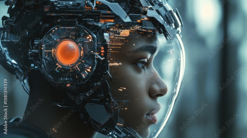 Futuristic portrait of a person with a high-tech helmet. Futuristic portrait of a person with a high-tech helmet.