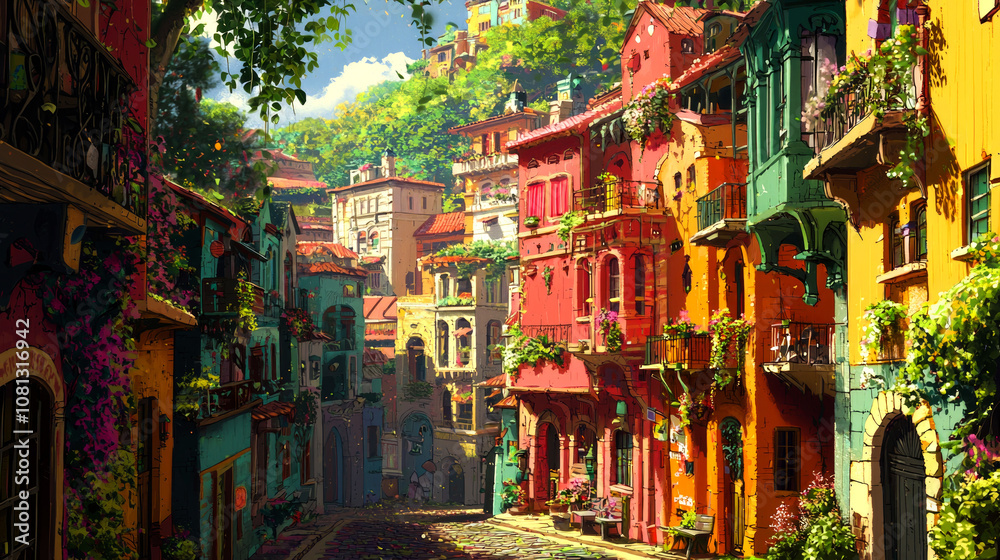 Naklejka premium Colorful Italian town with cobblestone streets and lush greenery.