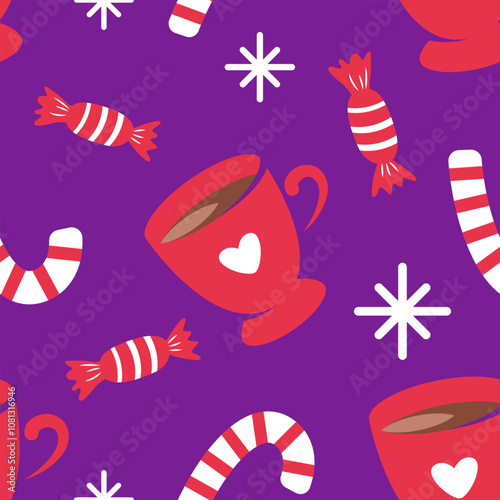 Bright Christmas pattern with red mugs and candy canes on a purple background. New Year cartoon pattern.  poster. Cozy winter background with cute hot chocolate cups for cards, wrapping paper, textile