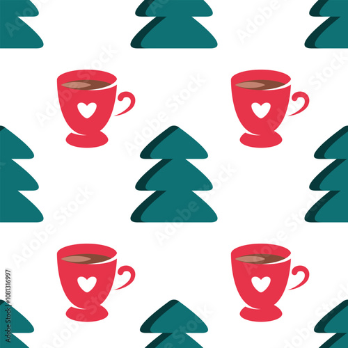 Seamless pattern with Christmas trees and red cups with hot chocolate on a white background. Cute cartoon style Christmas pattern. Cozy winter background with fir trees for wrapping paper, textiles