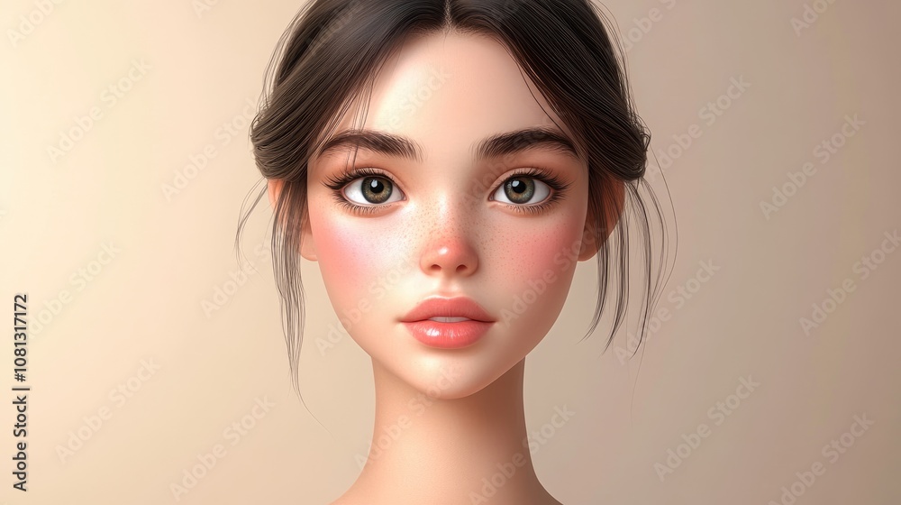 Beautiful young woman with soft smooth skin and professional makeup portrait against a beige pastel background Beautiful young woman with soft smooth skin and professional makeup portrait against a beige pastel background