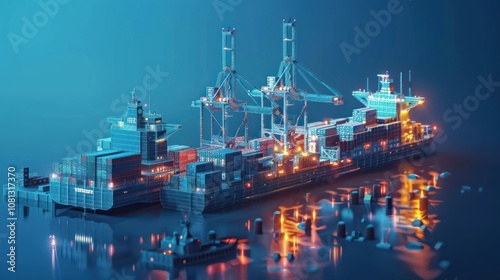 A low-poly rendering of a container ship docked at a port with a crane loading and unloading containers, against a blue background.