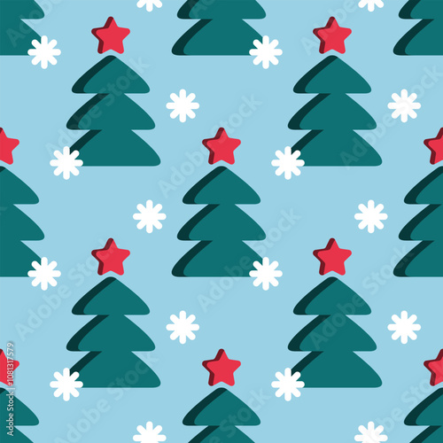 Christmas trees with stars and snowflakes seamless pattern on a blue background. Cute cozy Christmas pattern in childish style. New Year background with fir trees for banners, wrapping paper, textiles