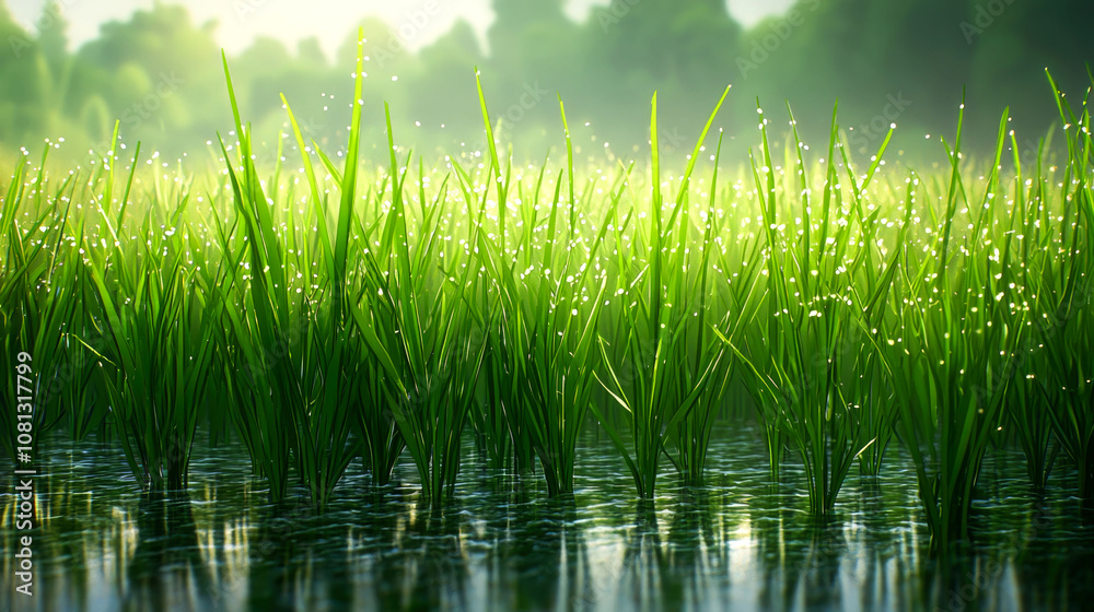Fototapeta premium Lush green rice paddy field with dew drops on the blades under a hazy morning sky.