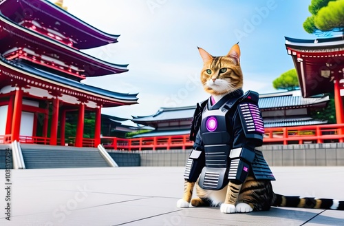 A cat wearing futuristic armor with neon purple lights sits in front of a traditional Japanese temple adorned in red and white, blending historical and modern themes under a clear sky photo