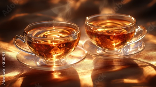 Warm Embrace of Tea: Two Steaming Cups Amidst Golden Light