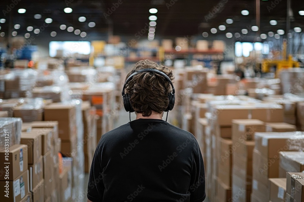 A man in a warehouse with stacked boxes. This photo can be used to illustrate the working environment in a warehouse. A man in a warehouse with stacked boxes. This photo can be used to illustrate the working environment in a warehouse.