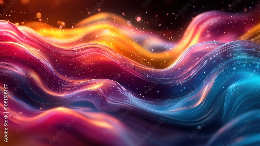 Obraz premium Abstract background with colorful wavy lines and sparkling particles.