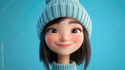 Happy woman wearing a beanie and smiling posing in studio with mockup against a blue background perfect for winter promotions