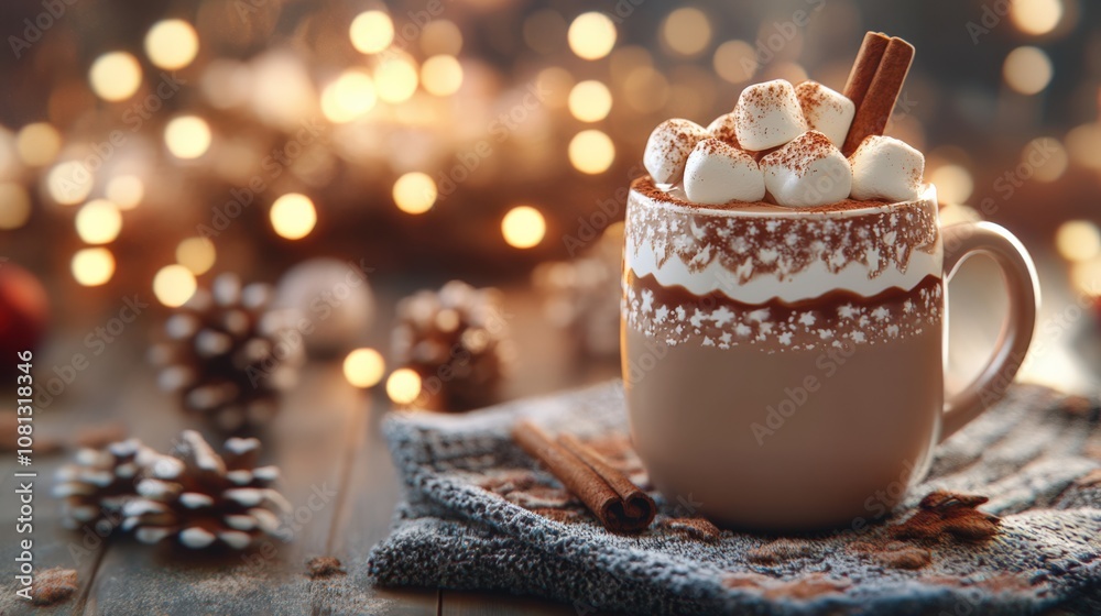 Fototapeta premium Cozy Hot Chocolate with Marshmallows and Cinnamon Sticks for Winter Moments