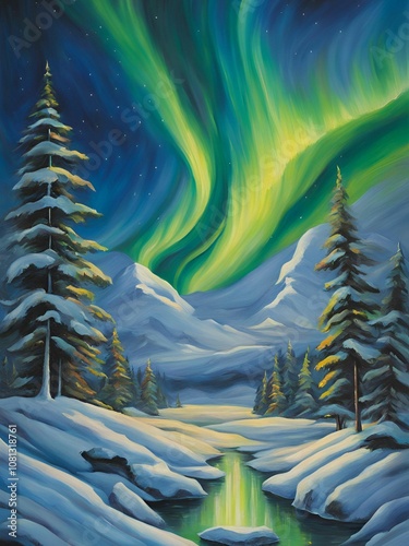 Abstract Northern Lights over the mountains art print, winter forest landscape with aurora borealis 